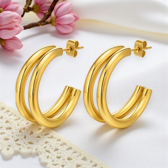 ๐Minimalist Double C Hoop Earrings 18K Gold Plated Stainless Steel Trending - Picture 11 of 14